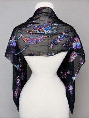Black Sheer Evening Wrap with Multicolor Sequin Accents
